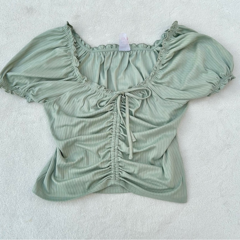 Ruched Shirt Cottage core Peasant Top Ruched V-Neck Bow Sz. 11 Juniors